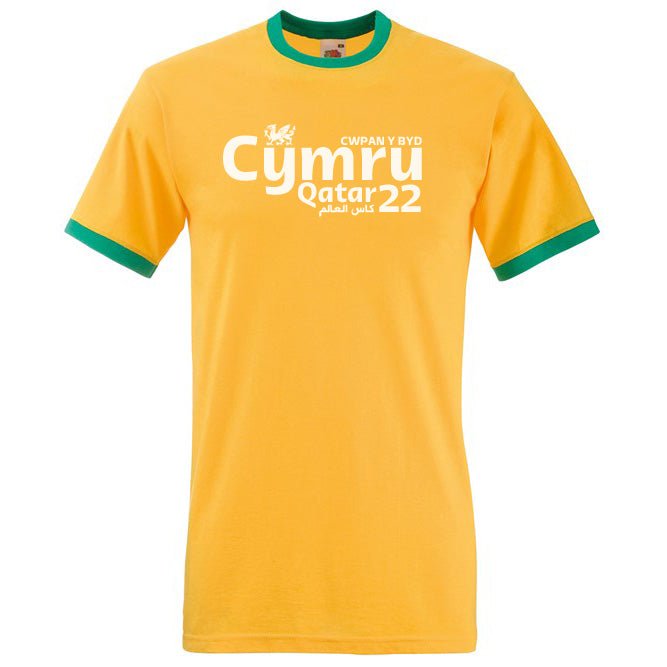 BARGAIN BASEMENT Cwpan y Byd 2022 - World Football Ringer T Shirt YELLOW - Giftware Wales