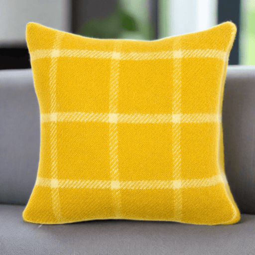 Chequered Check Yellow Cushion - Pure New Wool by Tweedmill® - Giftware Wales