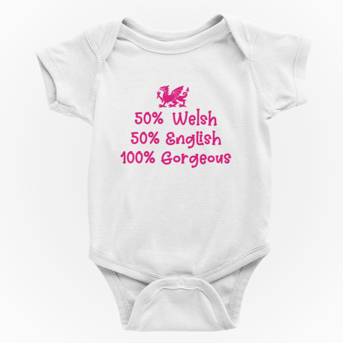 Welsh Baby Grow - 50% Welsh 50% English 100% Gorgeous - Giftware Wales