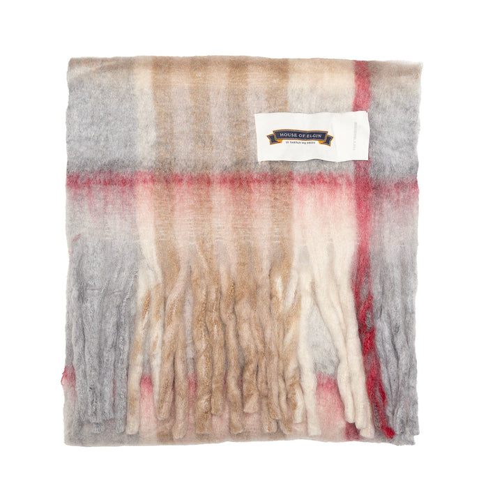 House of Elgin Tartan Blanket Scarf Chequer Light Camel Grey