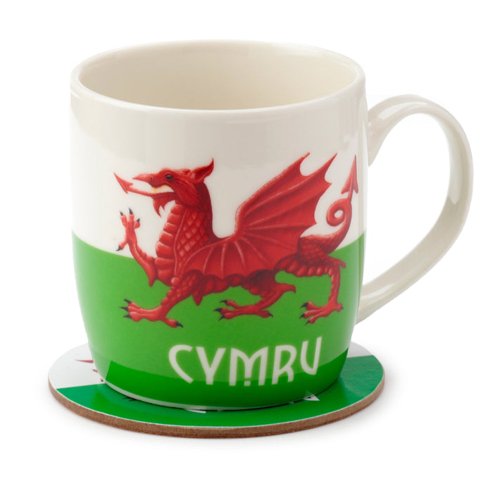Welsh Dragon Wales (Cymru) Souvenir Porcelain Mug & Coaster Set