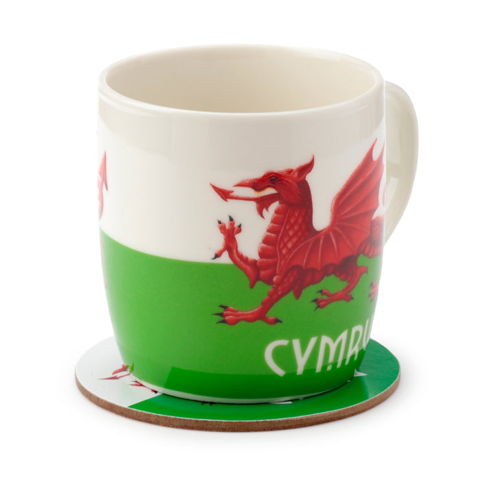 Welsh Dragon Wales (Cymru) Souvenir Porcelain Mug & Coaster Set