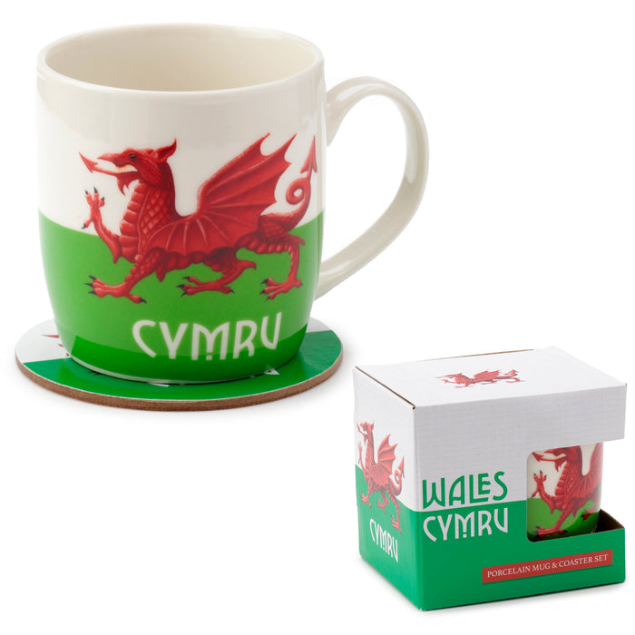 Welsh Dragon Wales (Cymru) Souvenir Porcelain Mug & Coaster Set 006