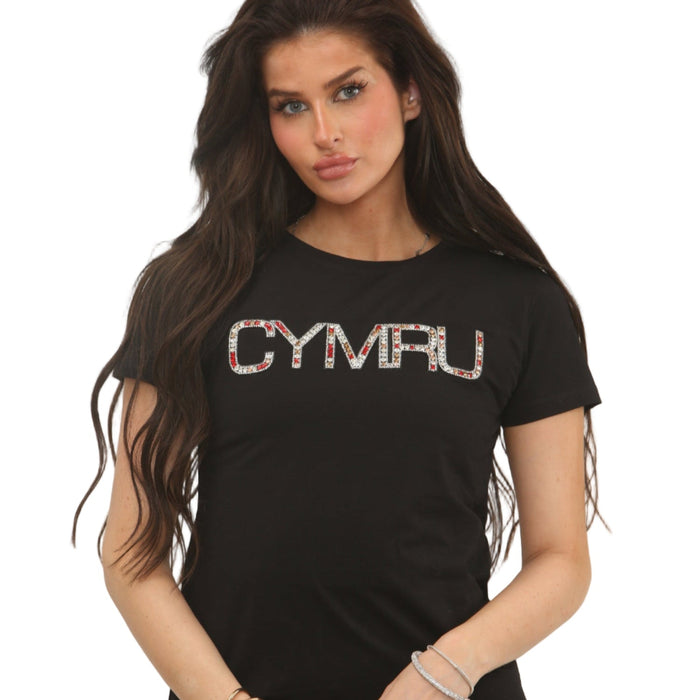 Ladies Cymru Wales Diamonte Skinni T-Shirt