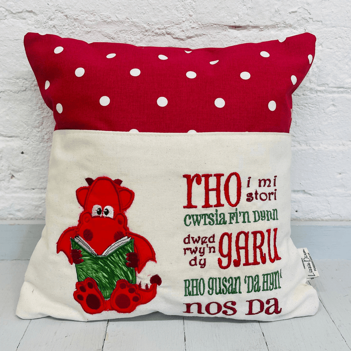 Children's Welsh Language Dragon Book Holder Cushion - Lizzie® Red - Giftware Wales