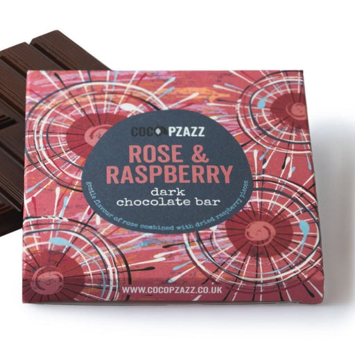 Coco Pzazz Dark Chocolate Rose & Raspberry Bar 80g - Giftware Wales