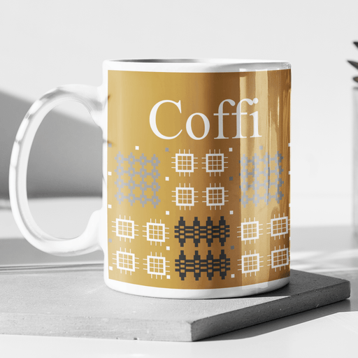 Coffi Mug - Welsh Tapestry Mustard Design - Giftware Wales