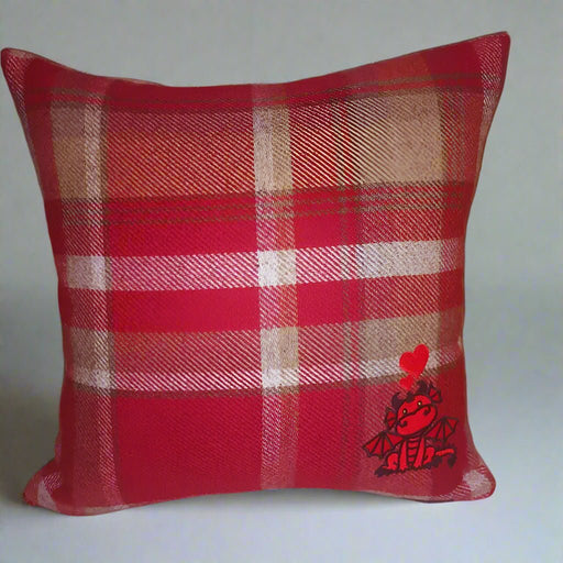 Cute Dragon Embroidered Square cushion on Balmoral Check - Giftware Wales