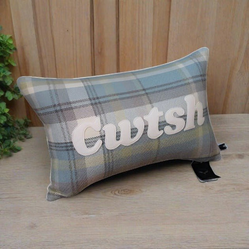 Cwtsh Welsh Cushion - Grey & Citrus Check - Giftware Wales