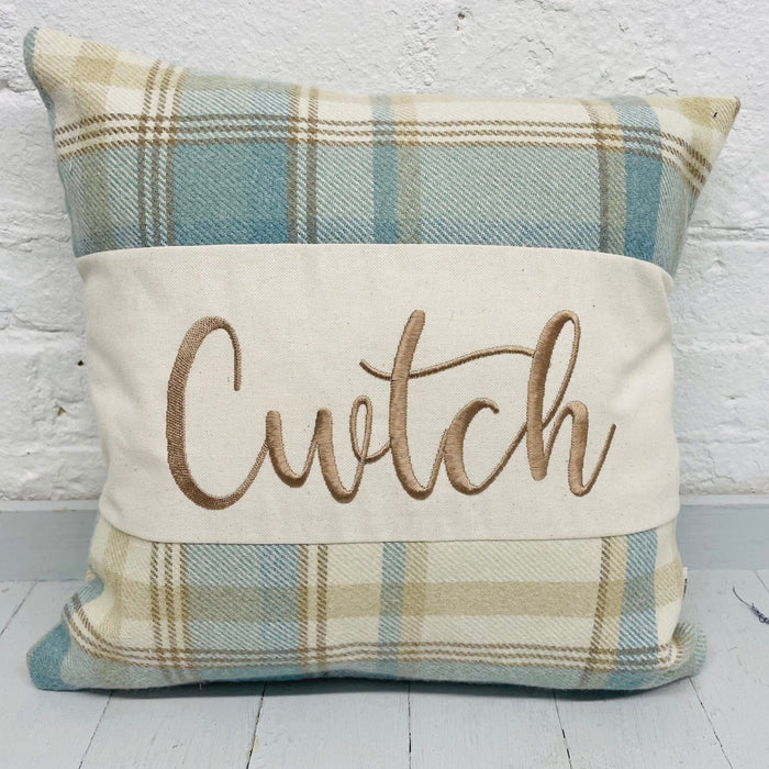 Handmade Check Cwtch Cushion Wool Touch - Lizzie® Blue - Giftware Wales