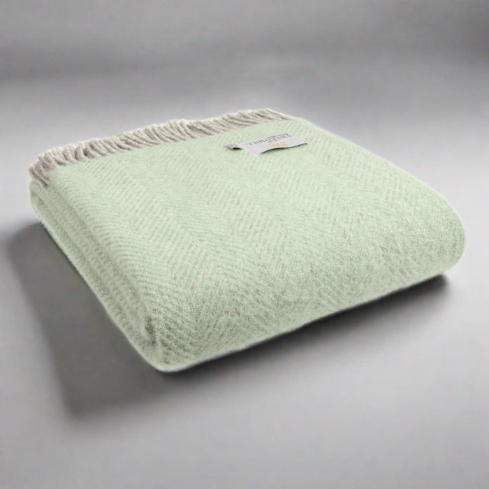 Herringbone Silver Grey & Laurel Green - Pure New Wool Blanket by Tweedmill®