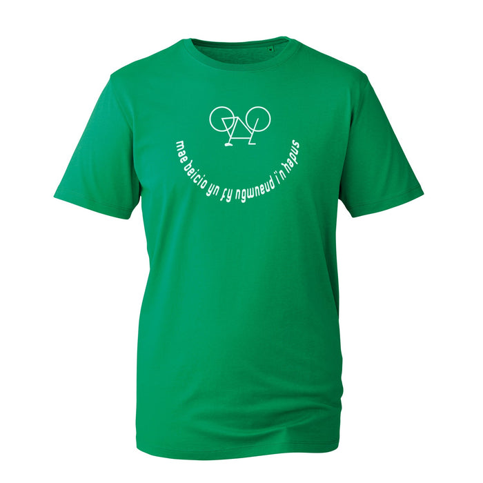 Mae beicio yn fy ngwneud i'n hapus - Organic Welsh Cycling T-Shirt - Giftware Wales