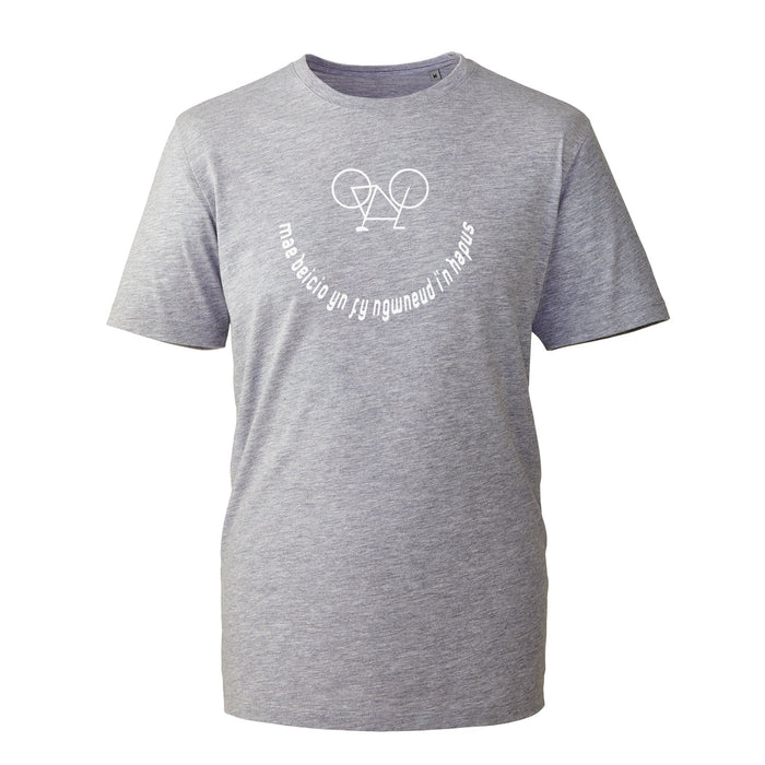 Mae beicio yn fy ngwneud i'n hapus - Organic Welsh Cycling T-Shirt - Giftware Wales