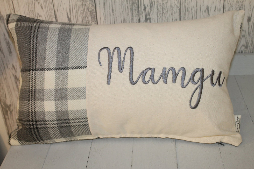 Mamgu Wool Touch Cushion - Lizzie® Grey Check - Giftware Wales