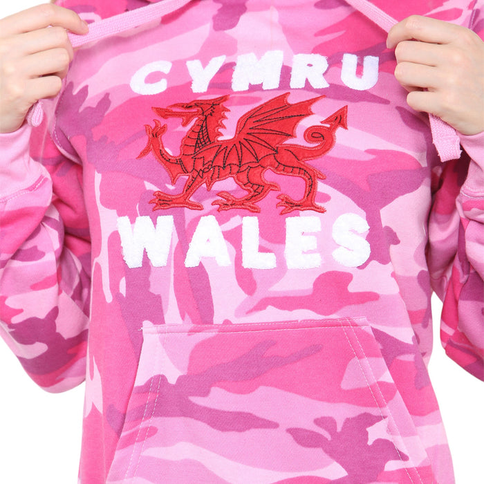 Ladies Pink Camo Cymru Hoodie | Stylish Welsh Dragon Hooded Sweatshirt with Pink Camouflage Design | Soft, Warm & Durable Cotton Blend | Casual Everyday Wear & Gift for Proud Welsh Women