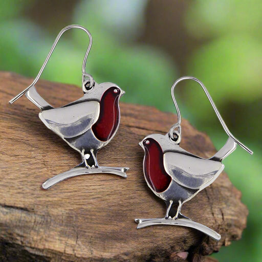 Robins on branches drop earrings with red enamel (PE875) - Giftware Wales