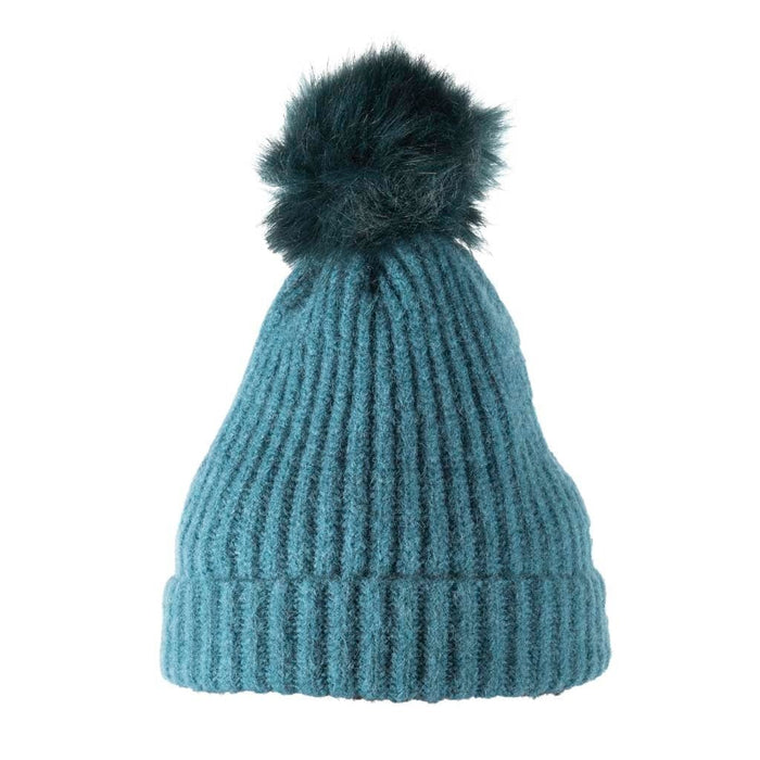 Soft Touch Rib Pom Pom Beanie -Teal Blue - Giftware Wales