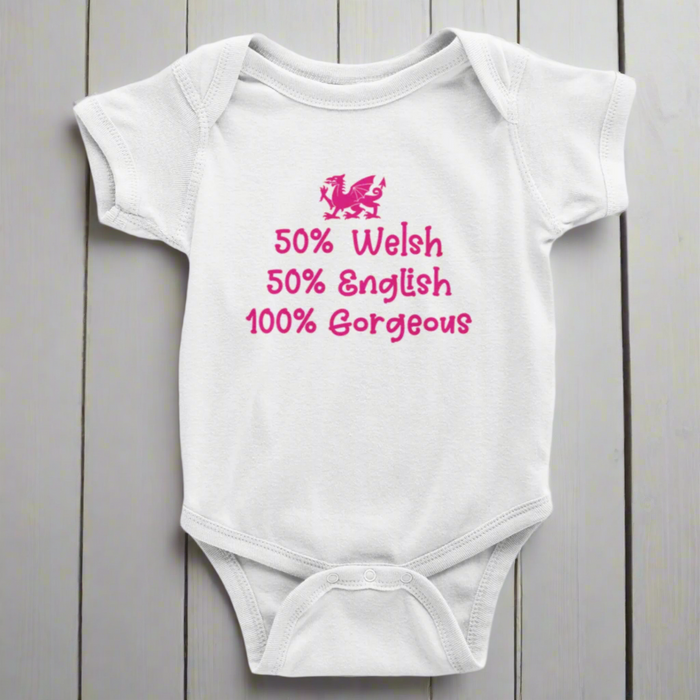 Welsh Baby Grow - 50% Welsh 50% English 100% Gorgeous - Giftware Wales