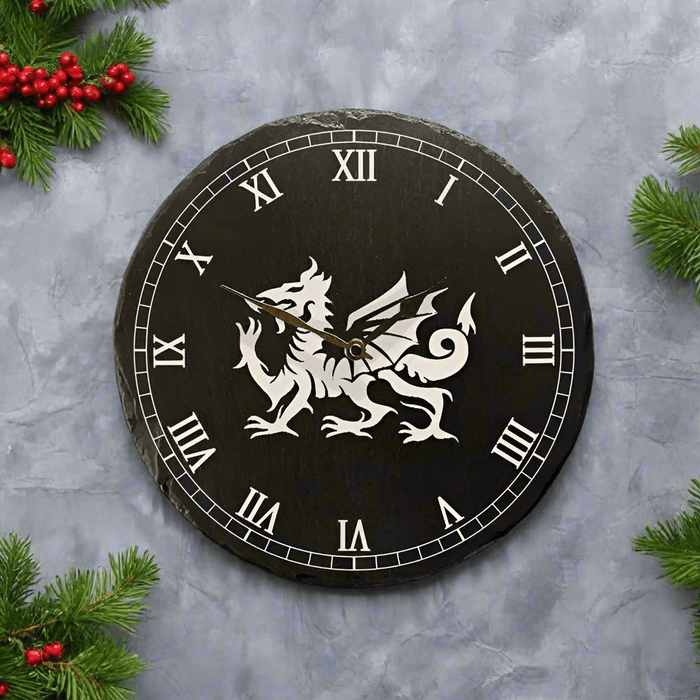 Welsh Slate Clock - Dragon With Roman Numerals - Giftware Wales