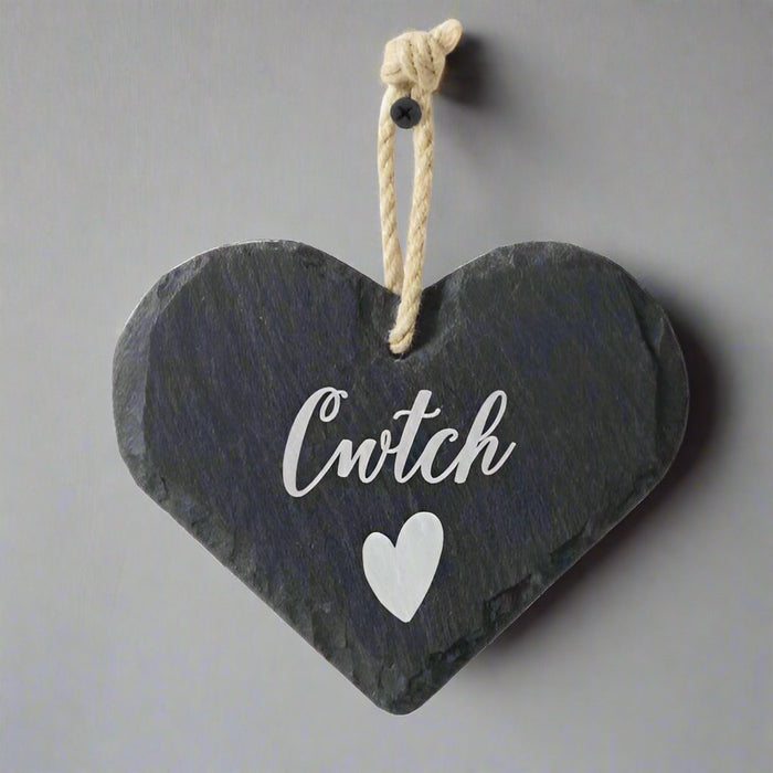 Welsh Slate - Heart Hanging Plaque (Cwtch) - Giftware Wales