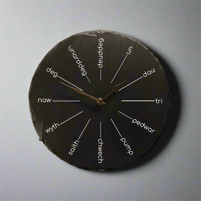 Welsh Slate Silent Wall Clock - Welsh Numbers - Giftware Wales