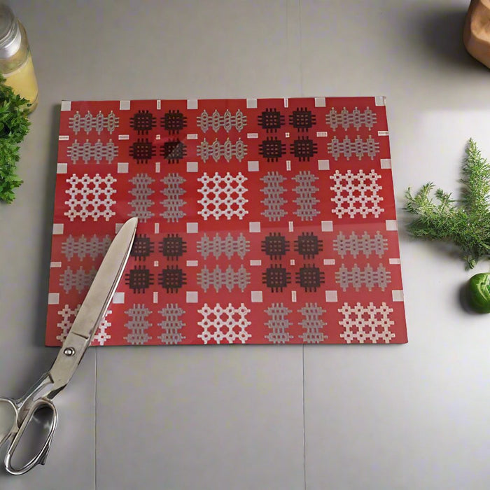 Welsh Tapestry print glass cutting / chopping board - Red - Giftware Wales