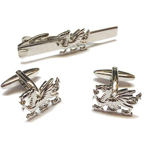 Welsh Dragon Cuff Links and Tie Clip Set