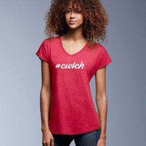 #Cwtch - Women's V-Neck Welsh T-Shirt (Heather Red)