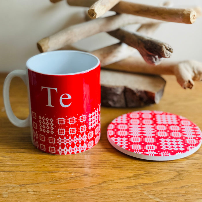 Te Mug and Coaster Set - Welsh Tapestry Red Design