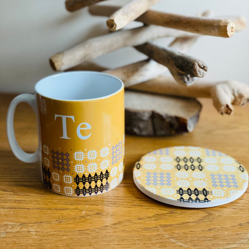 Te Mug and Coaster Set - Welsh Tapestry Mustard Des