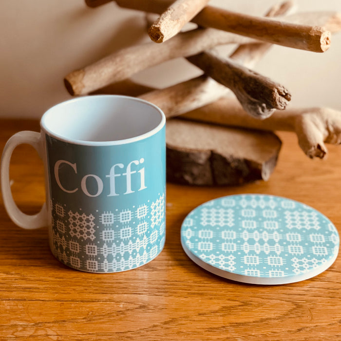 Coffi Mug and Coaster Set - Welsh Tapestry Soft Green Design