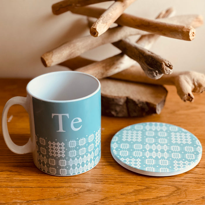 Te Mug and Coaster Set - Welsh Tapestry Soft Green Design