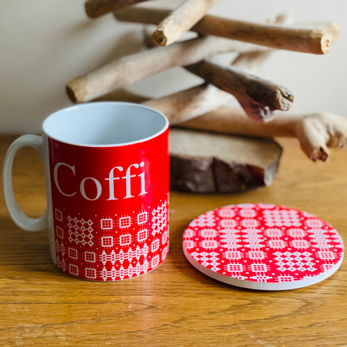 Coffi Mug and Coaster Set - Welsh Tapestry Red Design