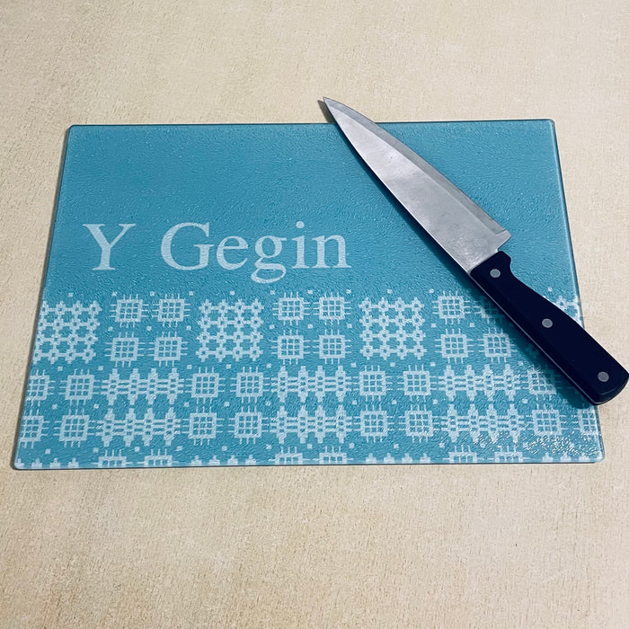 Welsh Tapestry Y Gegin glass chopping board - Large Aqua