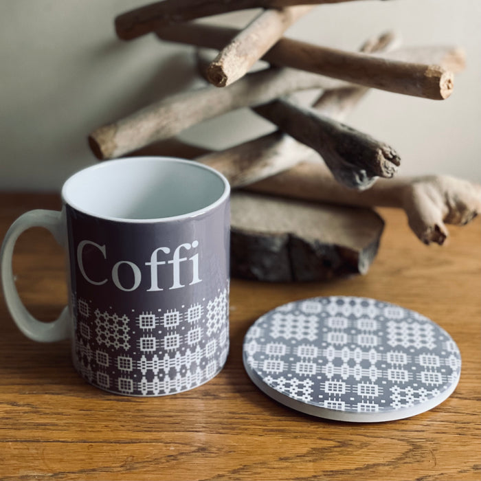 Coffi Mug and Coaster Set - Welsh Tapestry Grey Design