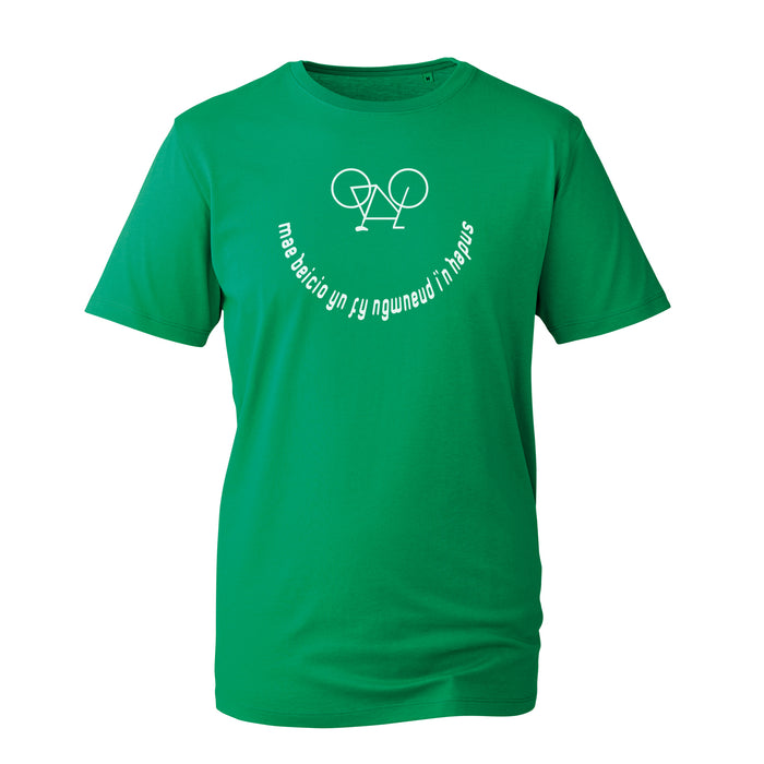 Mae beicio yn fy ngwneud i'n hapus - Organic Welsh Cycling T-Shirt