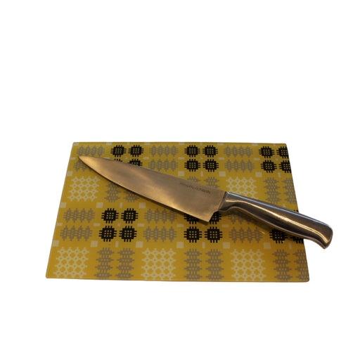 Welsh Tapestry print glass cutting / chopping board - Mustard